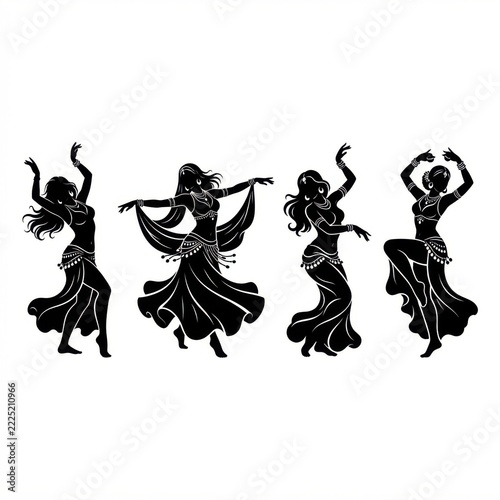 Set of four black silhouettes of beautiful women dancing traditional belly dance in various poses isolated on white background