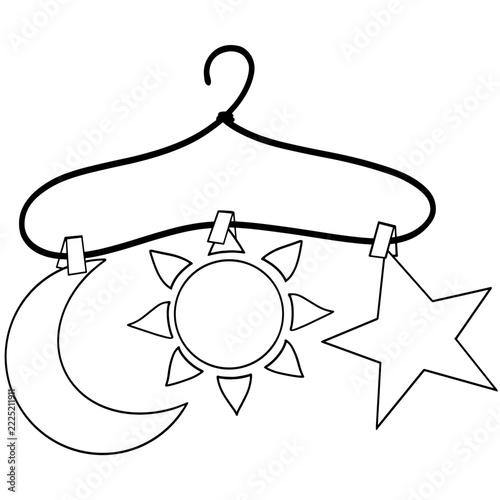 Dreamcore surreal moon sun and star hanging on hanger line art