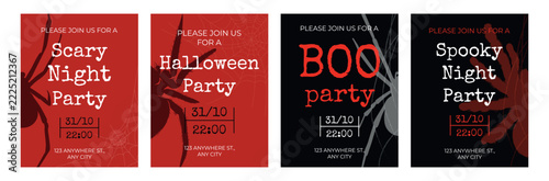Set of 4 Halloween flyers and invitations. Dark black and red background with spider.
