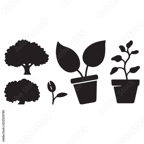 Tree Plant In Pot And Sprout Growth Silhouette Vector Icon Set. 
