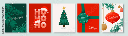 Christmas card holiday background set with grainy ho ho ho typography, pine tree, festive gift, baubles vector templates for winter greeting banners