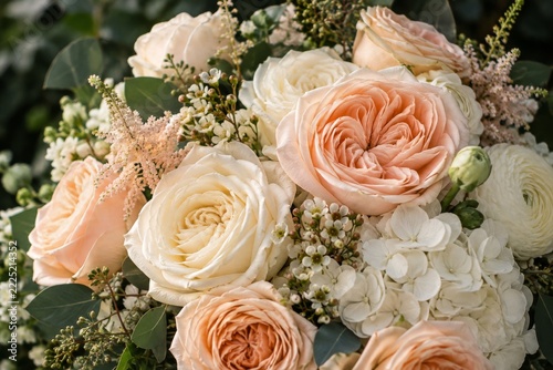 Cream and pale peach rose bouquet with layered petals and green foliage