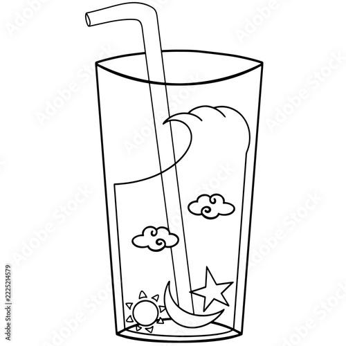 Dreamcore surreal sky in a glass with moon sun star line art