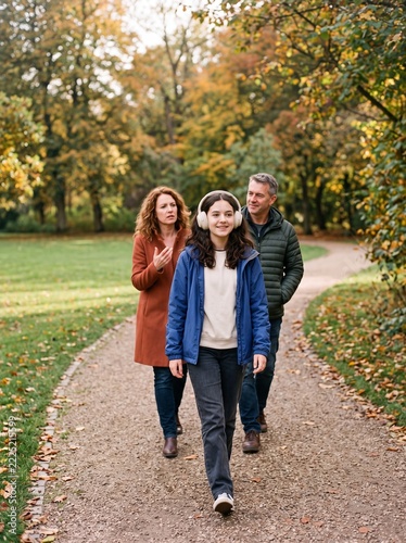 Teenage girl wearing headphones walking apart from her parents in an autumn park