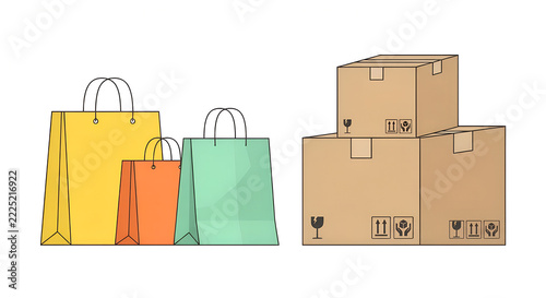 Flat Vector Illustration of Shopping Bags and Cardboard Boxes