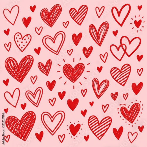 Playful red heart doodle collection in varied styles on pale pink