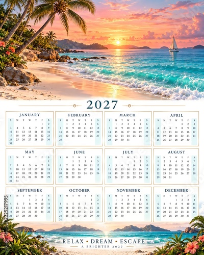 2027 tropical calendar with beach palms and sunset