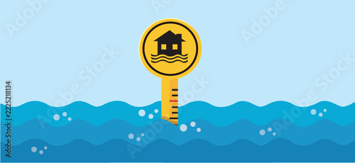 Flood Water Level Gauge Sign with House Warning Icon