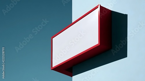 A minimalist red framed blank sign mounted on a two tone wall with strong shadows and clean geometric lines