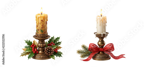 Festive holiday candles with pine wreath and red ribbon isolated