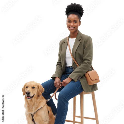 Smiling Black businesswoman sitting on stool with her Golden Retriever dog