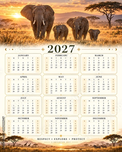 2027 wildlife calendar with elephant herd at sunset