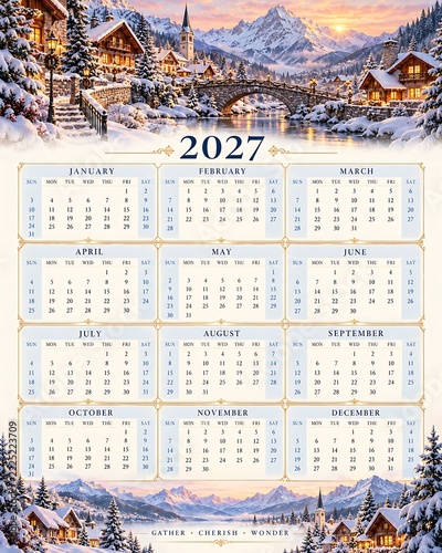 2027 winter calendar with snowy village and stone bridge