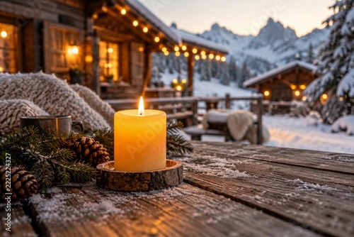 Lit yellow candle on an outdoor wooden table beside softly glowing winter cabins