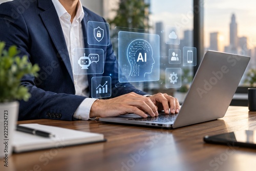 Suited Professional Typing beneath an AI Panel with Security and Chatbot Icons