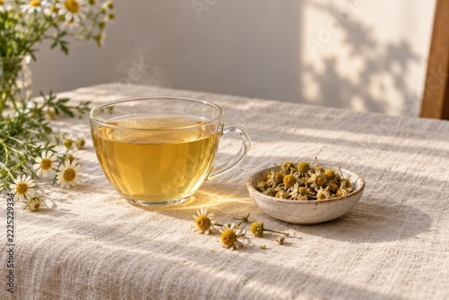 Chamomile tea in a glass cup with fresh flowers