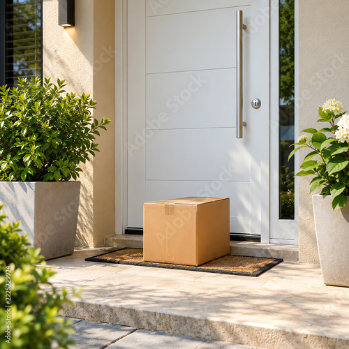 Cardboard Delivery Package on Welcome Mat Outside Modern Home