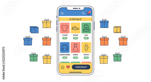 Flat Vector Illustration of Mobile Shopping App on Smartphone with Gift Boxes