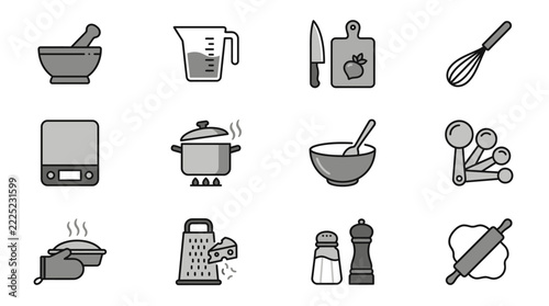 Assorted kitchen tools and seasoning icons.