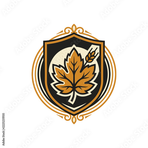 Autumn maple leaf emblem in ornate golden crest.