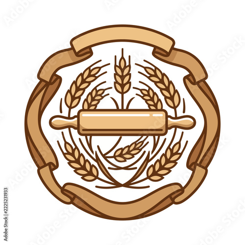 Bakery emblem with rolling pin, wheat, and ribbon.