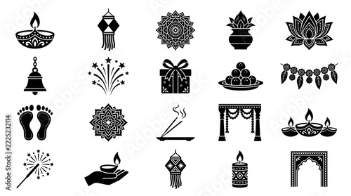 Diwali Festival of Lights Silhouette Icon Set with Traditional Indian Diyas, Rangoli and Decorative Vector Symbols