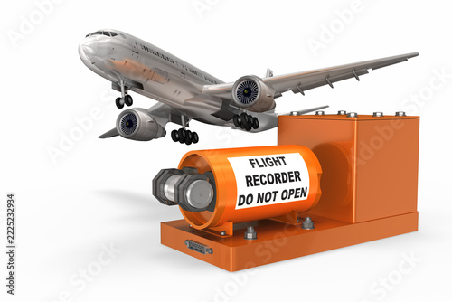 Verkehrsflugzeug über einem orangefarbenen Flugdatenschreiber mit der Aufschrift „Flight Recorder Do Not Open“ – Symbol für Flugsicherheit, Unfallanalyse und Luftfahrttechnik.