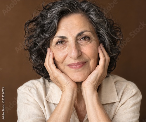 Woman with Dark Curls Framing Her Cheeks with Both Hands on Brown