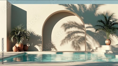 A serene architectural scene featuring a turquoise pool with an arched alcove, palm shadows, and potted plants under bright.