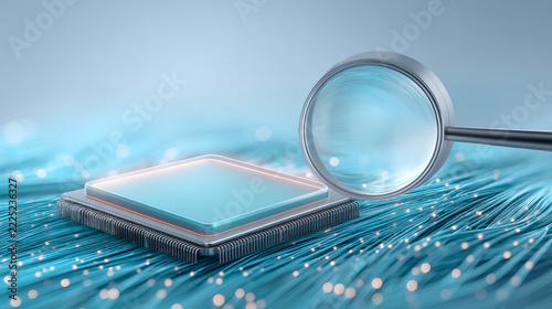 architectural style illustration of a technology innovation highway. A magnifying glass focuses on a sharp glowing holographic chip at the core of thousands of blue and cyan fiber optic threads. 