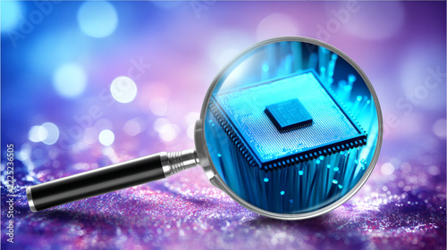 macro illustration of a hardware development terminal. A magnifying glass focuses on a glowing blue digital chip at the heart of a dense bundle of cyan light fibers. Subtle lens flares and a 