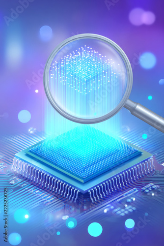 macro illustration of a hardware development terminal. A magnifying glass focuses on a glowing blue digital chip at the heart of a dense bundle of cyan light fibers. Subtle lens flares and a 