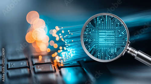 macro photograph of dense blue and cyan fiber optic cables transmitting data toward a magnifying glass highlighting a glowing semiconductor microchip pattern in blue and golden brown, intricate 