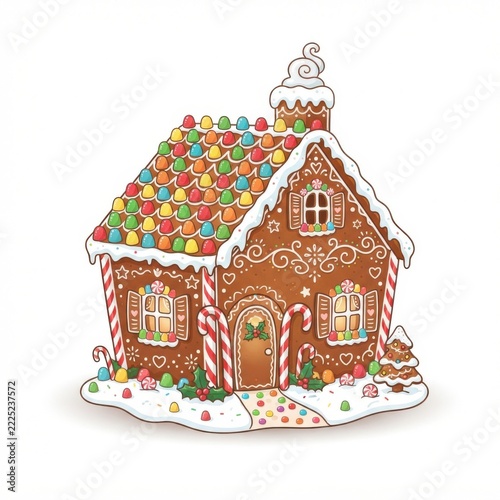 Gingerbread house with colorful candy decorations and sugar frosting for christmas celebration or seasonal winter holiday design.