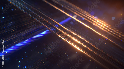cinematic macro shot of fiber optic bundles glowing in cyan and blue, transmitting data streams into a semiconductor chip magnified by a lens. The chip radiates golden brown and blue, with sunlight 