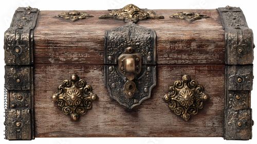 Wooden box adorned with intricate metalwork hardware and a central latch displays fine craftsmanship on a transparent surface.