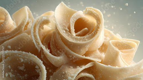 Pasta shaped like delicate flowers sprinkled with fine flour sits ready for gourmet culinary preparation in a kitchen.