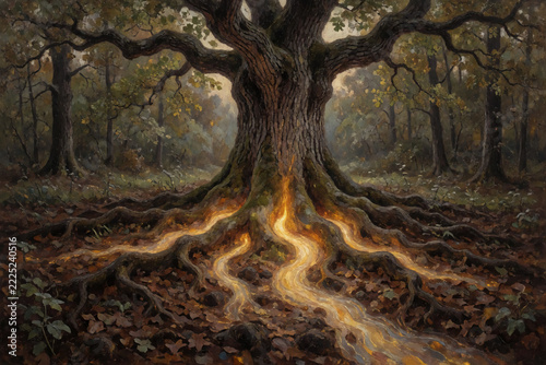 An Ancient Woodland Oak With Glowing Amber Roots Flowing Through the Earth