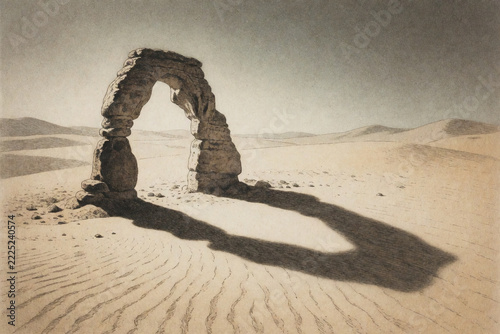 A Solitary Desert Stone Arch Casting the Shadow of an Invisible Structure