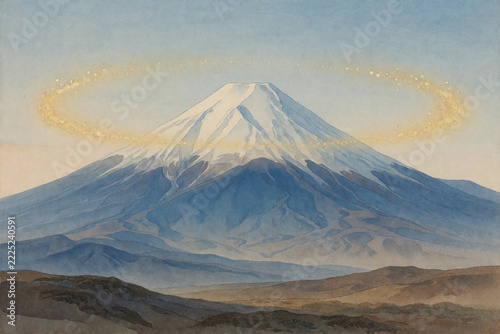 A Snow Capped Volcanic Mountain Encircled by a Floating Halo of Golden Ash