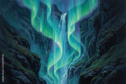 A Cascading Waterfall of Emerald Aurora Light Within a Dark Mountain Gorge