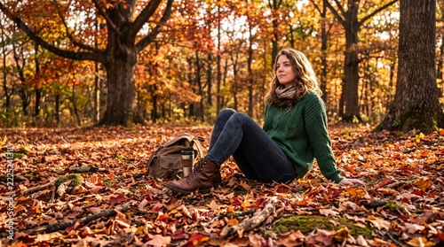 Young woman sitting in autumn forest with fallen leaves enjoying nature