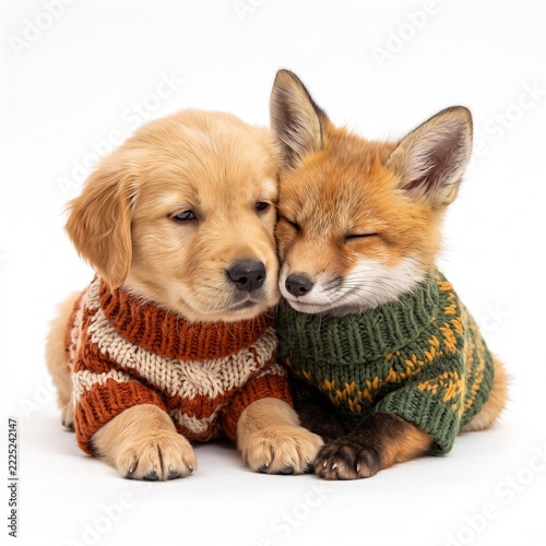 Cute golden retriever puppy and baby fox cuddling together wearing cozy sweaters