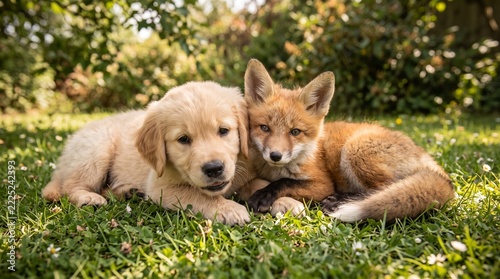 Golden retriever puppy and red fox cuddling together on green grass in nature