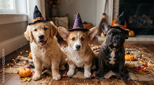 Three cute dogs wearing Halloween witch hats costumes sitting together indoors