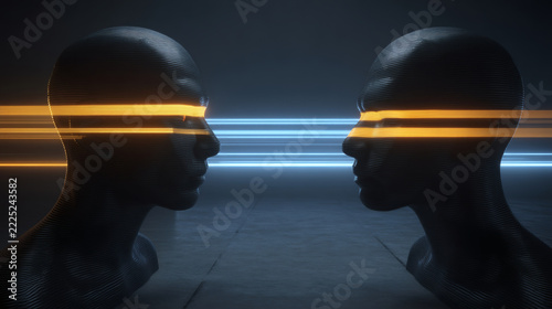 photorealistic minimalist composition of two silver-metal digital faces positioned face-to-face on a polished dark floor. Blue and golden-orange light trails stream into their foreheads, projecting 
