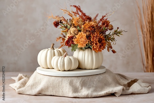Decorative white pumpkins arranged with autumn flower bouquet inside vase