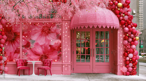 Charming Pink Storefront with Floral Decor and Cozy Seating