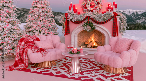 Cozy Pink Winter Living Room with Fireplace and Christmas Decor