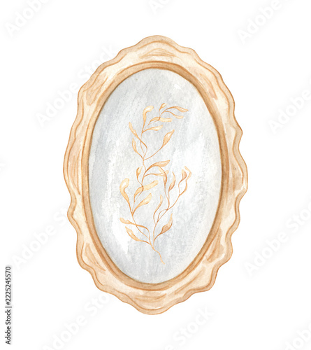 Watercolor with oval-framed mirror illustration.